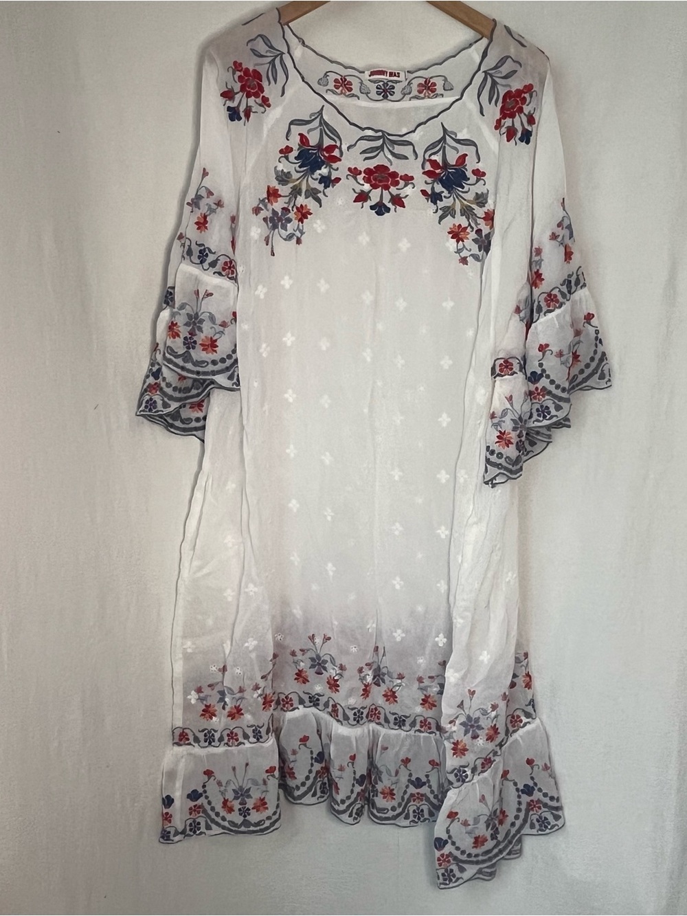 Johnny Was Victoria Embroidered White Tunic Dress Bell Sleeve Cupra Rayon 3X